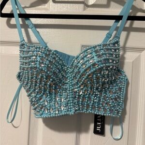 Sexy Pearls Beaded Rhinestone Bustier Crop Top Push up Corset Top